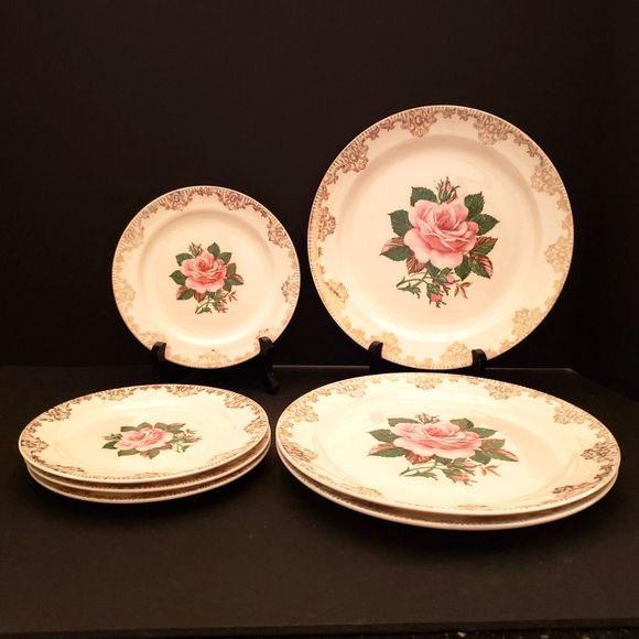 American Rose Dinner Bread Plates Paden City Pink Roses Gold Vintage 7 Piece Lot - Picture 1 of 10